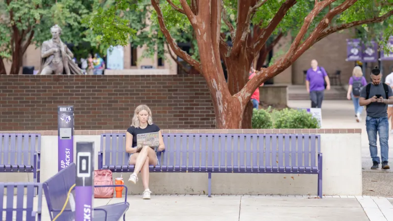 Female student sitting on a purple bench outside while she works on her laptop
