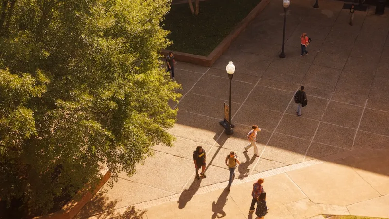 Bird's eye view of students walking on campus