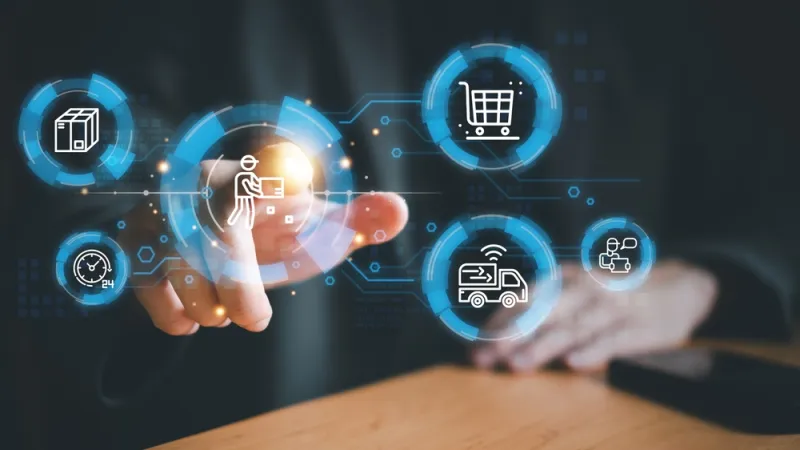 Business person point and manage online e-commerce business automation logistic supply chain in online dashboard.