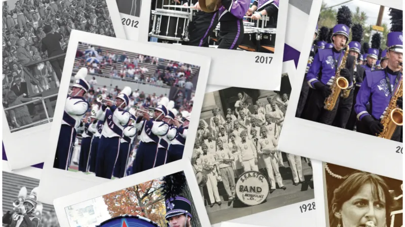 Collage of photos from the Lumberjack Marching Band