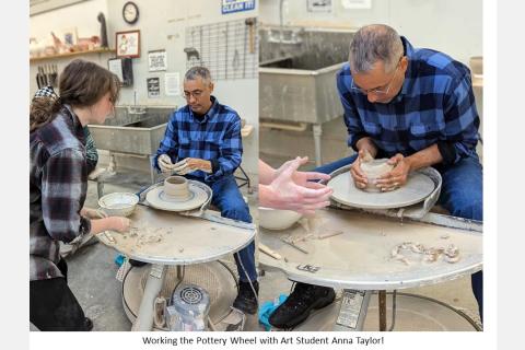 working the pottery wheel with art student Anna Taylor