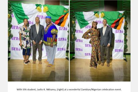 with SFA student, Lwito K. Nkhama, (right) at a wonderful Zambian/Nigerian celebration event