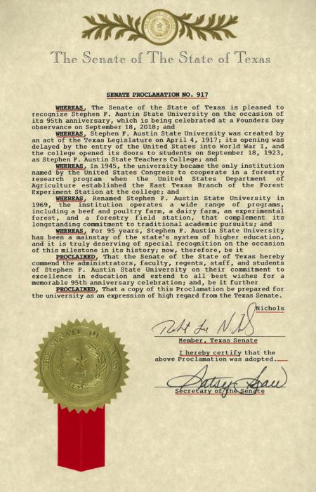 Texas Senate SFA 95th Anniversary Proclamation