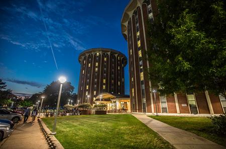 Steen Hall at night on the SFA campus