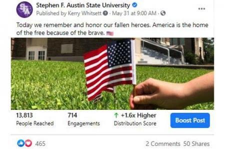 Facebook post honoring fallen heroes on Memorial Day at SFA