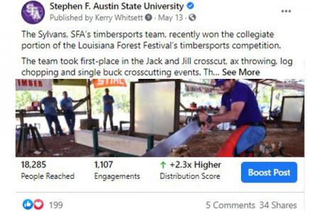 Facebook post announcing the Sylvans, SFA's timbersports team, win at the Louisiana Forest Festival's timbersports competition in May 2021 