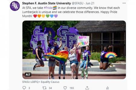 Twitter post celebrating SFA's diversity during Pride Month