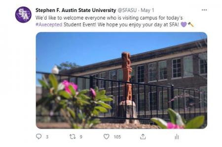 Twitter post welcoming visitors to the May 1st Axecepted Student Event