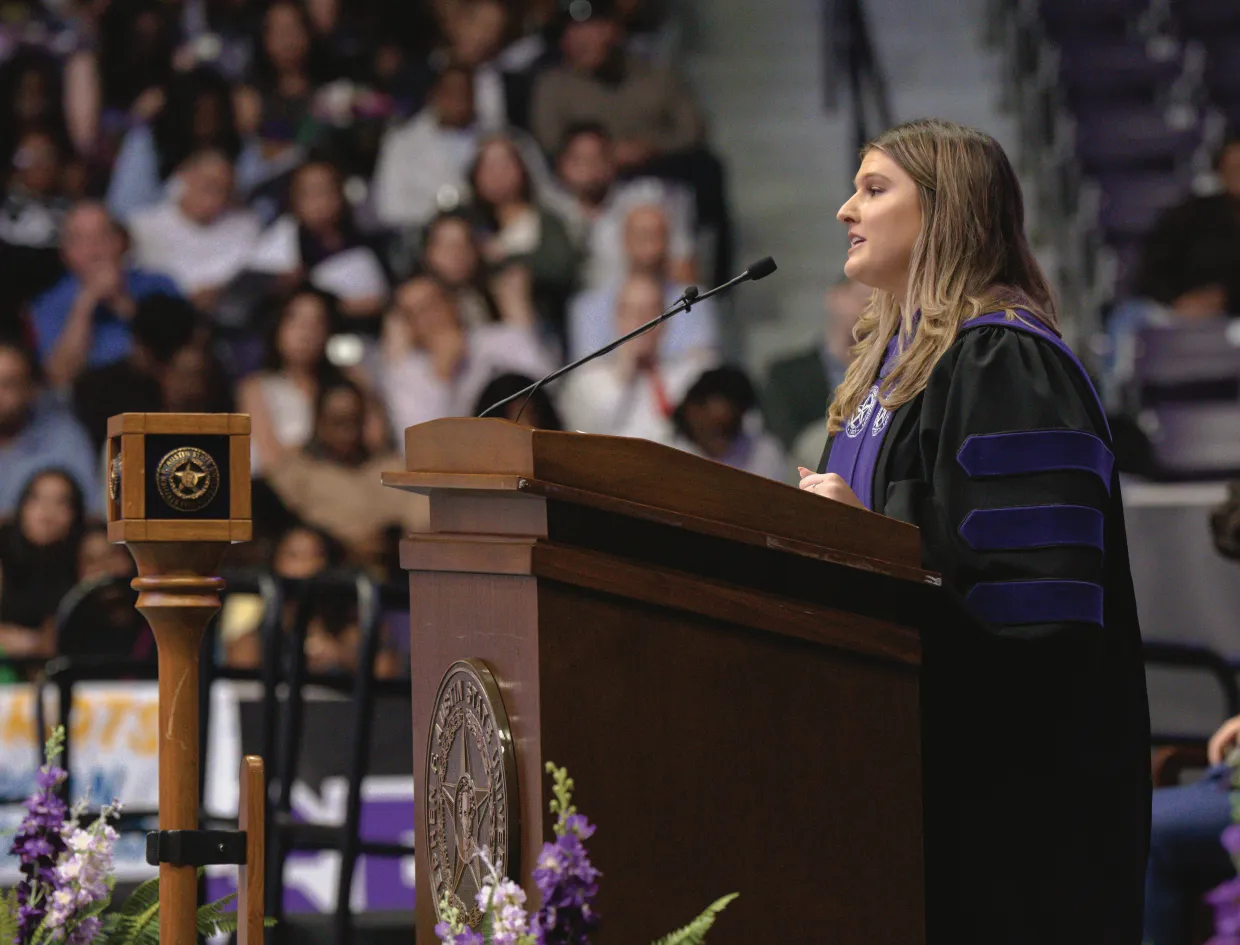 Julia Whitehead addresses graduates during the James I. Perkins College of Education commencement ceremony. May 2026
