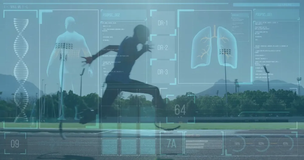 Medical data and human body analysis image over outdoor sports field.
