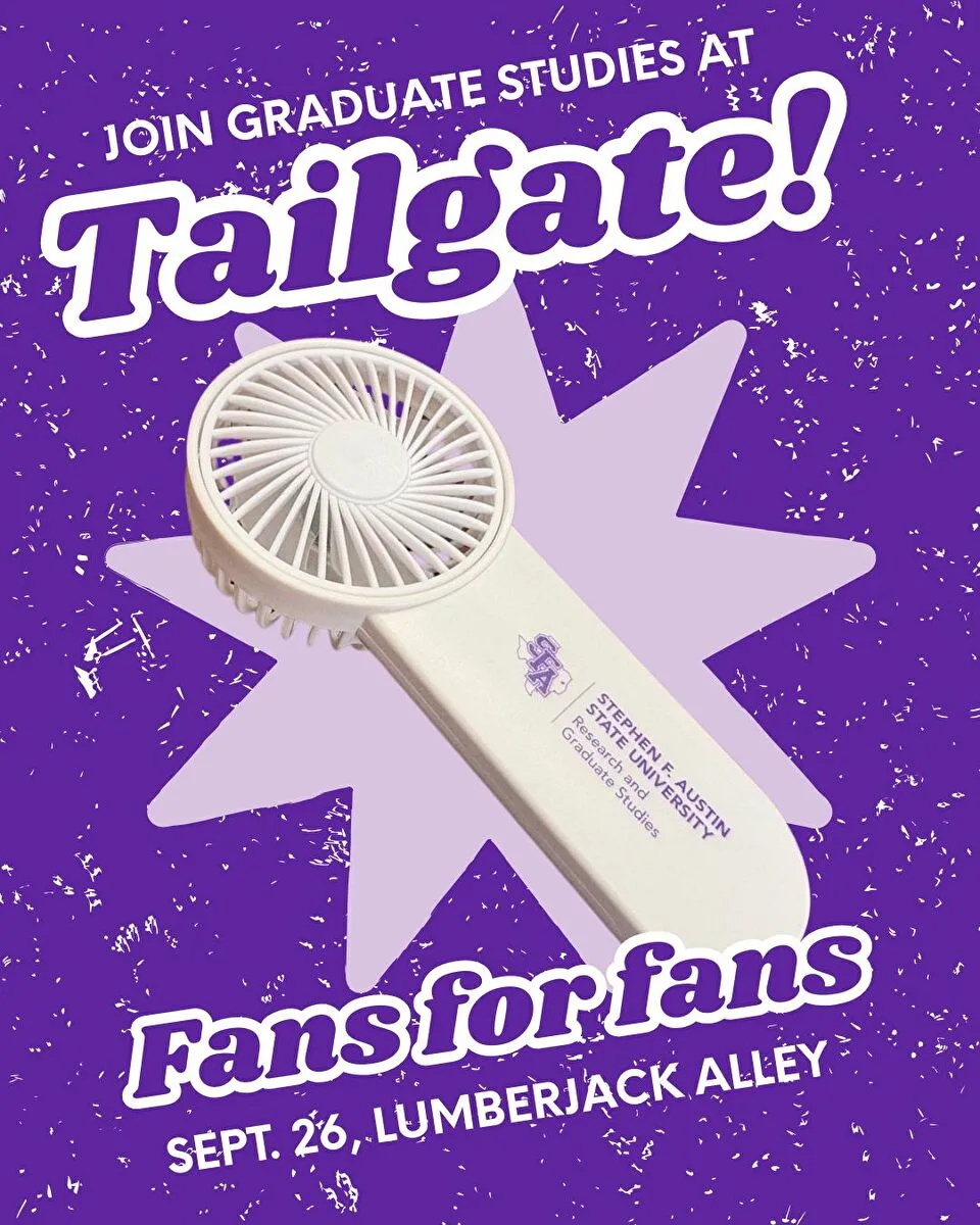 Fans for fans. Shows a handheld Research and Graduate Studies fan.