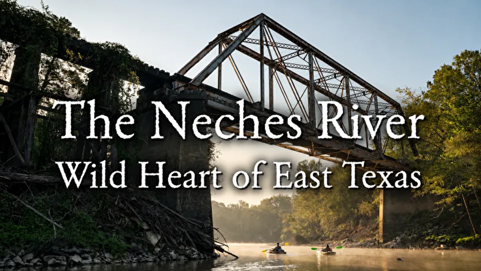Photo of bridge and river with text "The Neches River Wild Heart of East Texas" Photo of bridge and river with text "The Neches River Wild Heart of East Texas"