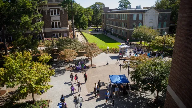 aerial shot of campus outside the student center