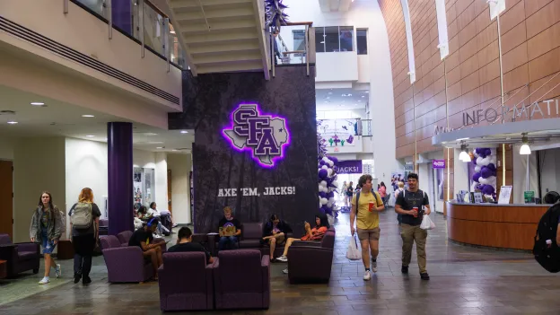 Students walking and studying in the Baker Pattillo Student Center