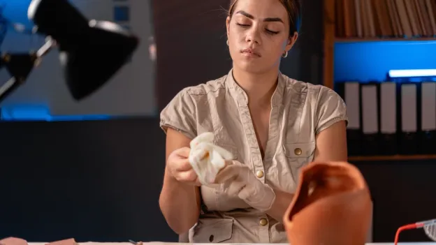 Anthropologist putting on gloves before touching artifacts