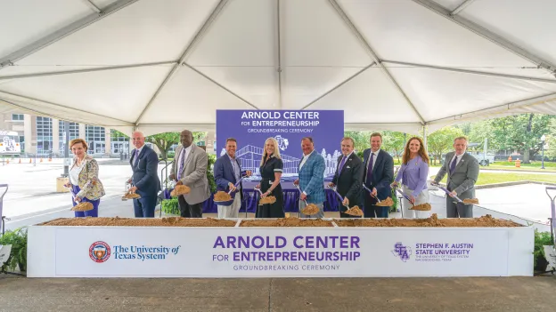 Leaders from SFA and The University of Texas System as well as state and local dignitaries attended the Arnold Center for Entrepreneurship building groundbreaking ceremony June 22, 2026.