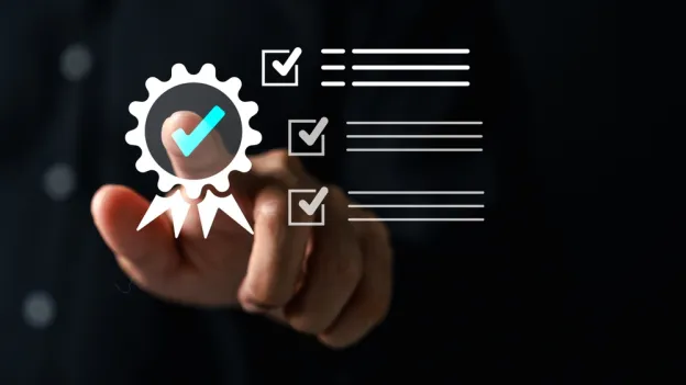 Shutterstock image Quality guarantee check digital certification and checklist for approval process, assurance system, and task verification workflow.