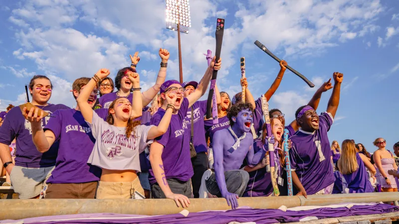 Students cheer in the stadium dressed for the game