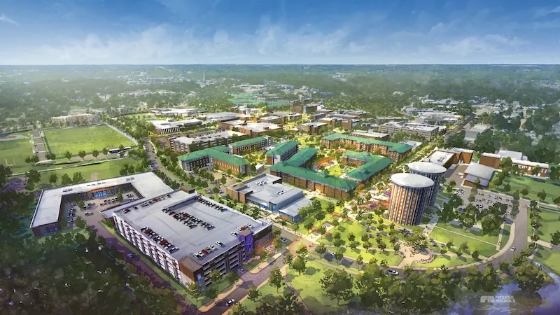 Aerial view rendering looking southwest of campus
