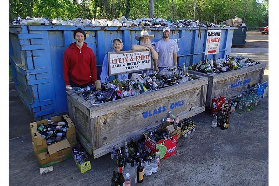 Pictured are volunteers Stan Bobo, Marilyn Richardson, Steve Chism and Justin Banchs-McRae at C&R Kuttbottle’s glass recycling bins, located behind the Judy B. McDonald Public Library.