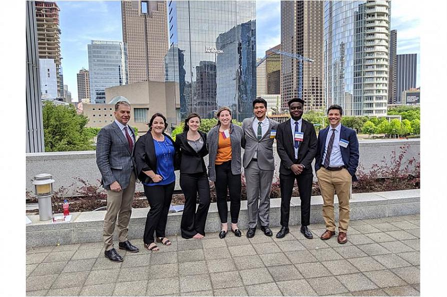 Dr. Mikhail Kouliavtsev, chair of SFA’s Department of Economics and Finance; Dr. Rebecca Davis, assistant professor; economics students Seraiah Scamardo; Madalyn Kirk; Miguel Silva; and David Ajiga; and Dr. Stephen Kosovich, associate professor