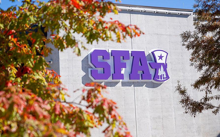 SFA Athletics logo sign at the basketball performance center