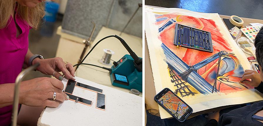 Two images showing a closeup of a participant working on an art project