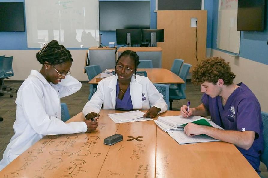 Three SFA chemistry students gather around a table to discuss research