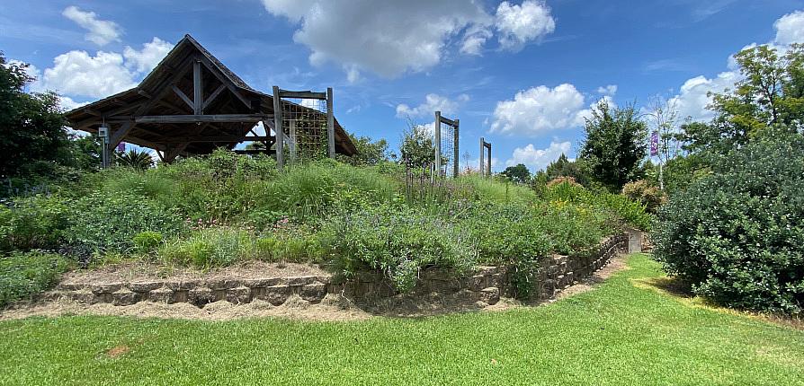 Timber frame pavilion in the Jim and Beth Kingham Children’s Garden