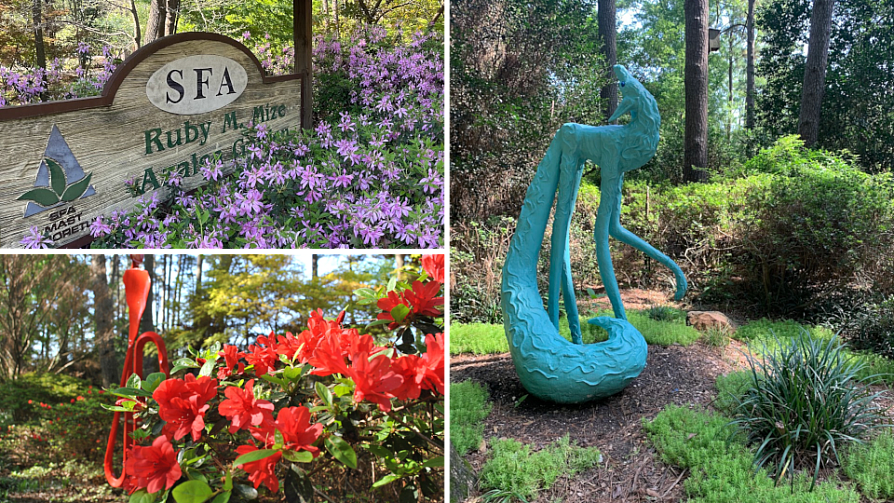 A collage of brightly-colored sculptures seen in SFA Gardens