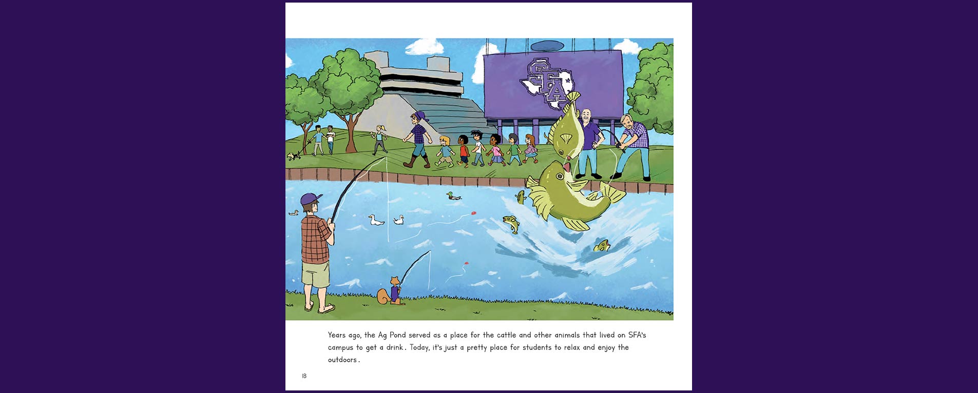 A sampling of pages from the SFA Press' newest publication, "A Day at SFA," which takes children on a history lesson and tour of all things lumberjack.