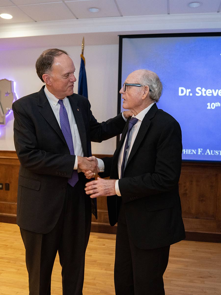 In addition to friends, family and past regents, Dr. William R. Johnson (right), SFA's fourth president, and relatives of the late Dr. Baker Pattillo, SFA's eighth president, attended the board meeting and luncheon. Photo by Lizeth Rodriguez Santes