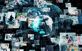 graphic with a globe of the world and pictures of methods of intercultural communication