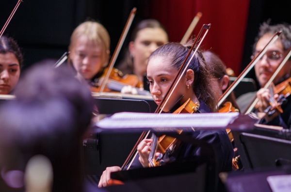 String players perform on stage during a concert