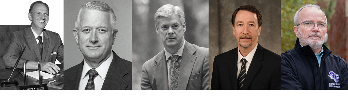 From left: Dr. Laurence C. Walker, forestry chair and dean 1963-77; Dr. Kent Adair, school dean 1977-92; Dr. Steven Bullard, college dean 2009-17; Dr. Hans Williams, college dean 2017-present