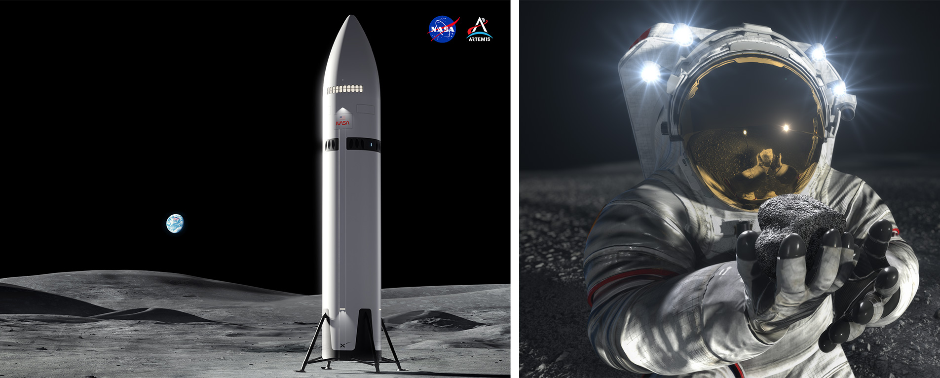 Illustrations of SpaceX starship on moon and future sample collection