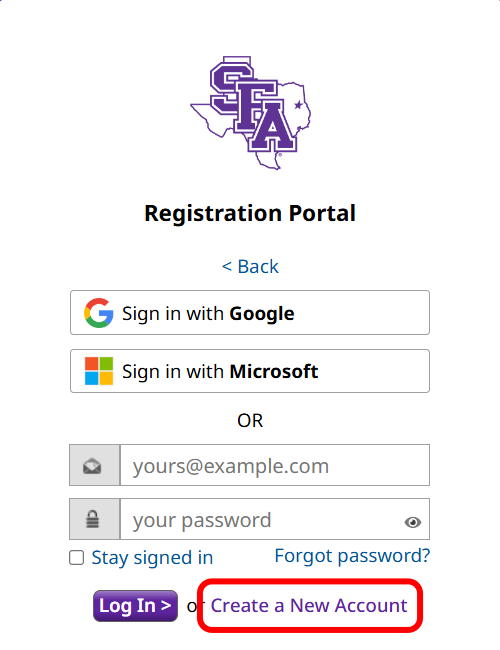 A registration interface showing a circled link for creating a new account