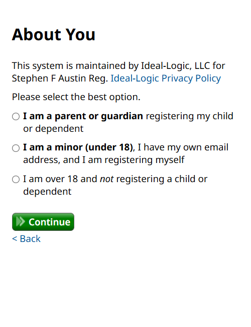 A registration interface showing options that describe the user as a parent/guardian or minor