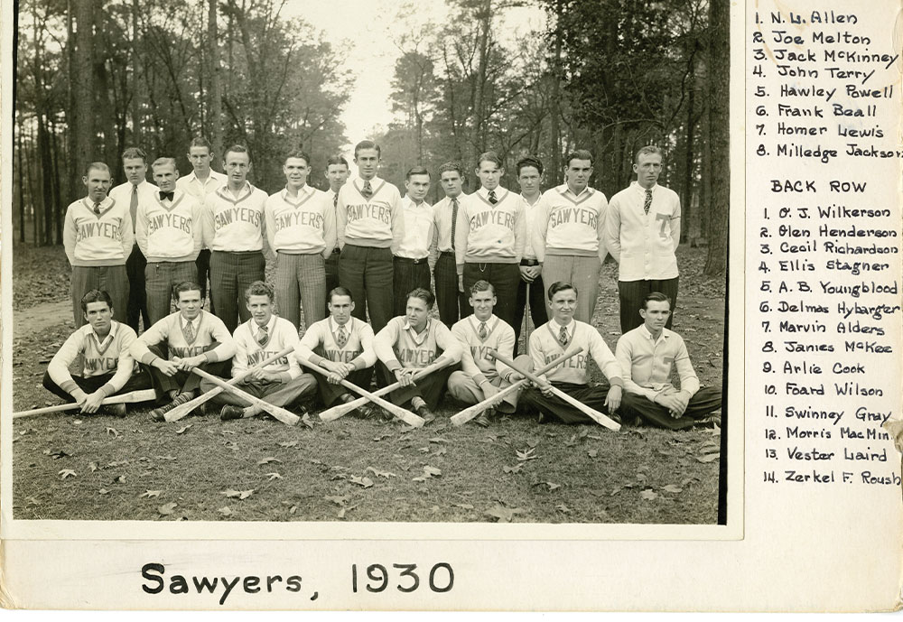 This Sawyers photo (P:50G:12, Photo Collection, ETRC) shows members with their axe handles on Vista Drive in 1930.