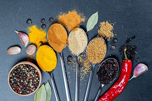 herbs and spices on a table