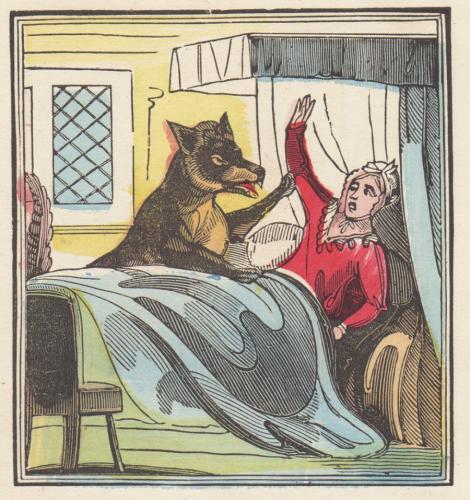 hand-colored woodcut print "Red Riding Hood"