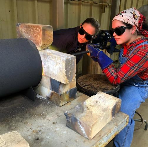 Madeline Castillo with Lauren Selden, professor of metalworking and jewelry in the School of Art