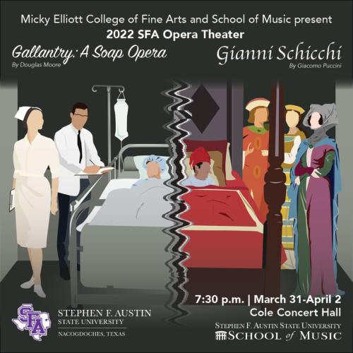 flyer promoting operas by Douglas Moore and Giacomo Puccini, which take place March 31-April 2