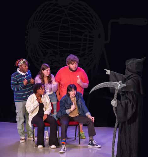 rehearsal scene of "Everybody" in which five actors face Death and question which of them will be chosen by Death to play the title role