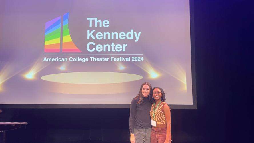 SFA theatre students Mariano Aguirre, senior theatre major from Little Elm, and Kiya Green, senior theatre major from Waxahachie