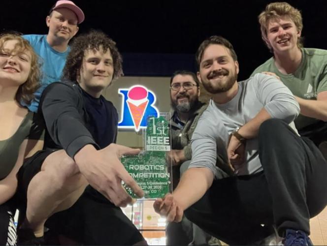 Stephen F. Austin State University’s IEEE Robotics Team. Pictured, from left, are Maegan Honeycutt, first-year electrical engineering student from Humble; Ashley Brewster, mechanical engineering senior from Center; Duston Judson, electrical engineering senior from Nacogdoches; Kevin Claypool, electrical engineering senior from Liberal, Kansas; Aaron Boehm, mechanical engineering senior from Kingwood; and Dalton Cardwell, mechanical engineering senior from Arlington.