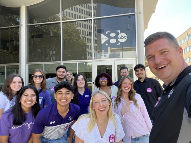 Broadcast journalism students from Stephen F. Austin State University’s Department of Media and Communication, led by Dr. Casey Hart, professor in the Department of Media and Communication, toured the WFAA-TV station and AMS Pictures in Dallas.