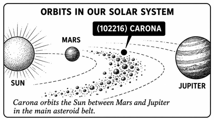 The minor planet (102216) Carona orbits around the sun in the main asteroid belt between Mars and Jupiter