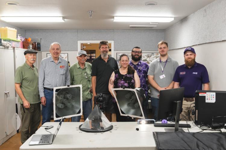 Peter Andrew, retired professor of art; Dr. Jennings Neal, Naranjo founder and chief executive officer of the museum; Charlie Grumbles, friend and special assistant of Naranjo Museum’s founder and CEO; Dr. William Nieberding, associate professor of art; Shannon Bowman, librarian; Sheldon Scroggins, Information Technology Services technician; Thomas Mooney, SFA Makerspace student worker; and Chase James, SFA Makerspace technologist