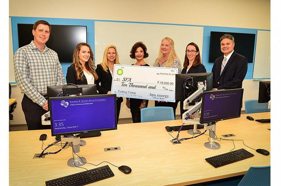 Pictured are Kyle Ross, BPX site manager; Lauren Madden, Align Midstream business development assistant; Kim Krieger, BPX vice president of integration; Dr. Kimberly Childs, dean of the College of Sciences and Mathematics; Dr. Deborah Dunn, professor and chair of the Department of Computer Science; Pippa Zimmerman, BPX vice president of operations for the East Texas Business Unit; and Gil Bujano, BPX regulatory engineering advisor.